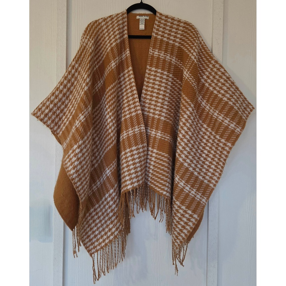 Anne Klein Houndstooth Plaid Fringe Poncho OS Cozy Boho Lagenlook Old Money Fall